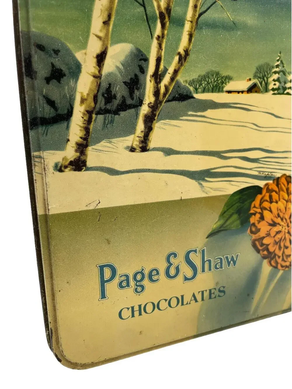 Vintage 1950s Page & Shaw Chocolate Tin: Winter Scene, Farmhouse Decor